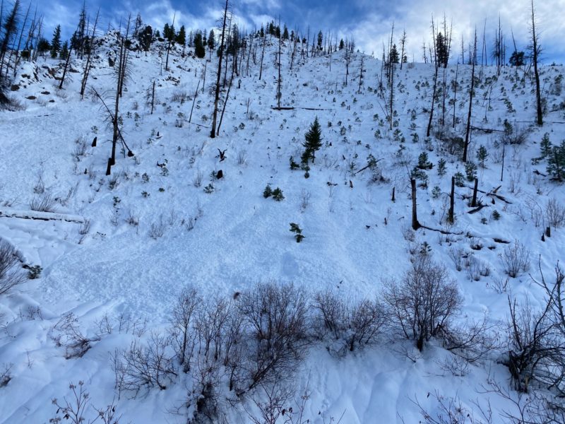 This natural avalanche released Sunday Dec 21st in the Sawtooth Mtns near Atlanta. Marie Clark photo.