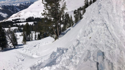 This small wind slab avalanche was released intentionally by stomping on top of an obviously wind-loaded test slope. It broke about 25' wide and 1-1.5' deep. 9400', S.
