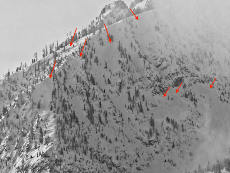 Numerous storm slab avalanches on the east shoulder of Williams Peak in the Sawtooths. These appeared to have failed near the base of the recent storm snow. The second arrow from the left indicates a deeper persistent slab avalanche running down to Marshall Lake.