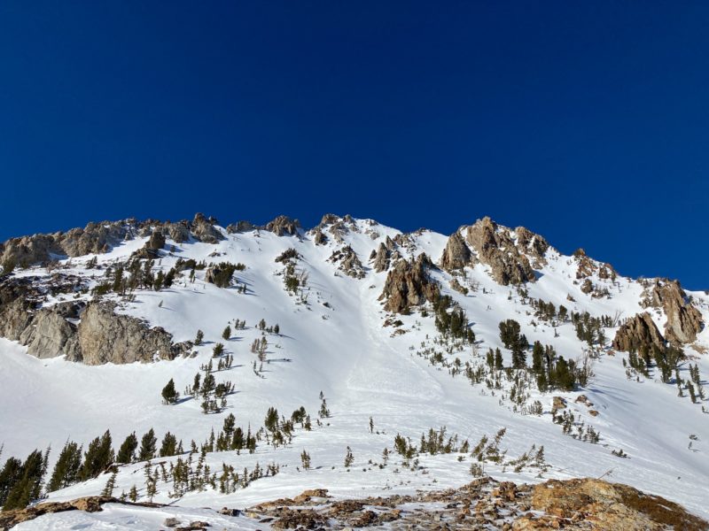 An old wet slide on Williams Peak in the Sawtooths. Signficant effects from recent wind events can be seen in the foreground.