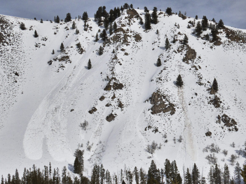 These wet snow avalanches likely occurred on February 9th, when a night of above freezing temperatures was followed by a very warm, steamy day. The failed on a SW-facing slope at 6,500-6,800'. 