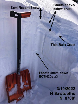 Snowpit at 8700', N. 8cm of recent snowfall sits atop the weak/soft rain crust. There are facets above and below the crust - the weakest are below. A facet layer exists 40cm down, but did not seem particularly weak. It produced 3 ECTNs in the 20s. The facets adjacent to the rain crust seem more concerning with any loading.