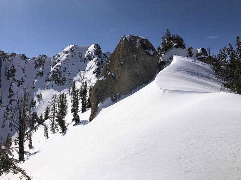 Fresh wind drift and cornice on a SE-facing ridgeline in the Sawtooths.
