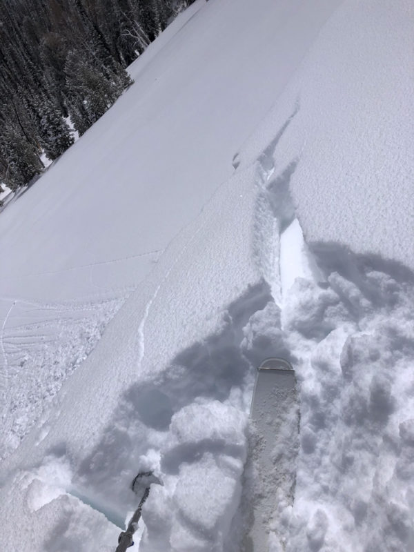 Small cracks in older wind slab that likely formed following the small storm on Sunday (3/13). 

There was very little evidence of wind loading involving the new snow since Tuesday morning (3/15).

Ridgeline at 9,200' in Smiley Ck.