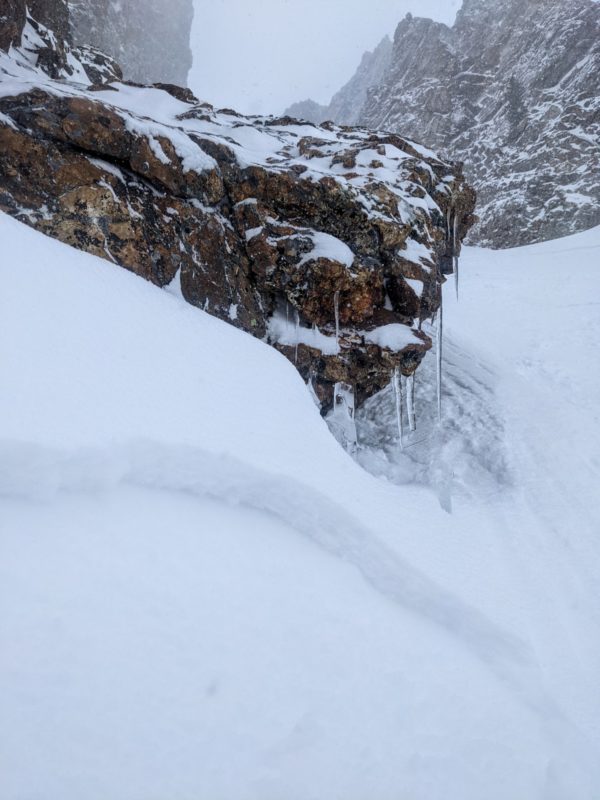 Small storm slabs that failed on an icy crust in steep terrain in the Sawtooths on Tuesday, 3/8/22.