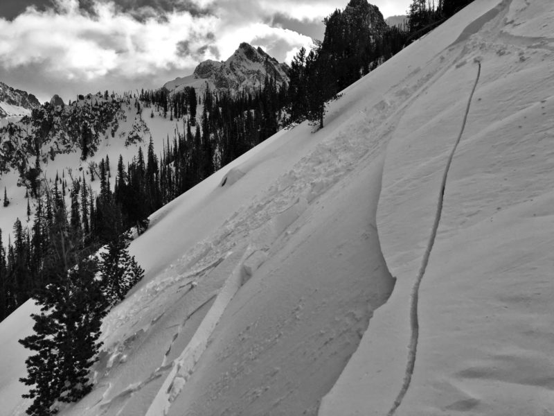 On Tuesday, Chris found sensitive wind slabs in the Northern Sawtooths. A ski cut released this wind slab that broke 40' wide and a foot thick.  Nearby wind slabs produced shooting cracks. E, 8500'.