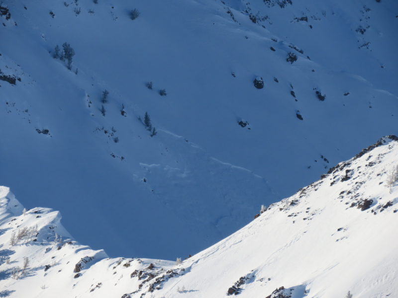 This avalanche was observed in the W Fk of the E Fk of the Salmon RIver, on the backside of Senate Peak. Based on the location of the crown it likely failed on a recently buried weak layer. E-aspect at 10,100'.