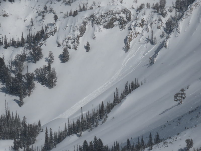 This slab avalanche was observed in the Pole Creek on a N-facing slope at 9,000'. It appears to have failed in a relatively sheltered piece of terrain. As the slab overlying the layers of weak snow in the upper snowpack grows thicker, avalanches in  terrain sheltered from the wind become possible. 