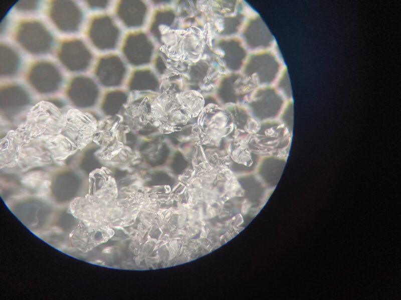 10., 11. Photos of rounded surface hoar crystals, 1-2mm @ 1.24 cm depth