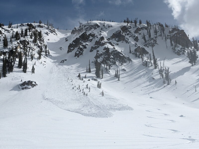 Debris from an avalanche that was intentionally triggered by a skier on 4/21 in the Banner Summit forecast zone. 